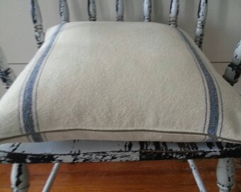 Pillow Cover/Cream Grain Sack Fabric/Blue Stripe/Zipper Closure