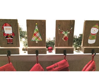 stocking holders, mantle stockings, reclaimed wood, set of 4, rustic Christmas, plaid stocking hooks, dog stocking holder, stocking hanger