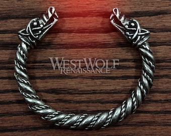 Large Silver Viking Wolf Head Bracelet/Torc - Norse Mythology Fenrir Wolves Bracelet