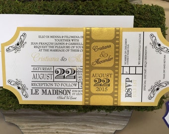 Gold and Black Movie Ticket Invitation / Wedding Invitation / Belly Band invitation/ oscars party / Glitter Wedding Invitation