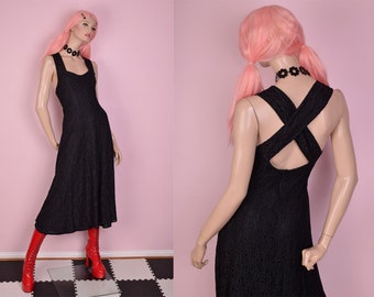 80s Black Floral Lace Maxi Dress/ US 9-10/ 1980s