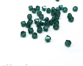 Swarovski Crystal 4mm Bicones, 24 Emerald Green 4mm Crystal Bicones, Dark Green Glass Beads, Beading Supplies, Item 146B