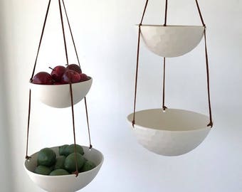 Large Hanging Fruit Basket, Two Tiered Porcelain and Leather
