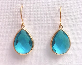 Blue Zircon Gemstone Teardrop Earrings, December Birthstone Earrings, Blue Gemstone Tear Drop Earrings, Wedding Jewelry, 12 COLOR OPTIONS