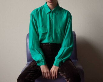 turquoise green silk oversized blouse / button down shirt / silk minimalist top / s / m / 2804t / B18