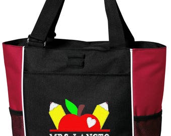 Free Shipping - Personalized Teacher Tote Bag - More Colors - monogrammed School Apple Books Gift Custom