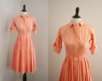 1950s shirtwaist dress | vintage 50s peach day dress | Peach Calfoutis Dress