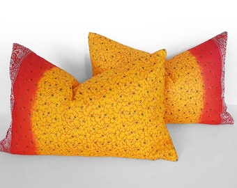 Sari Pillows, Bohemian Pillow Cover, Set of 2, Bohemian Throw Pillow, Pair Red Yellow Boho Pillow, Repurposed Saree, Ethnic Pillow, 14x22