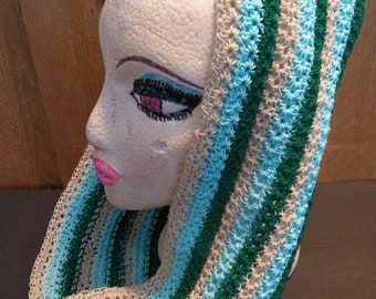 Crocheted Star stitch Green Blue Tan striped infinity scarf wrap head cap
