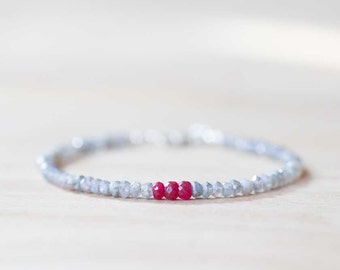 Mystic Labradorite & Ruby Bracelet, Delicate Labradorite Bracelet, Labradorite Jewelry, Rose Gold Filled or Sterling Silver, July Birthstone