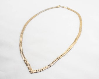 Vintage Wide Gold Tone Metal Snake Chain V Necklace