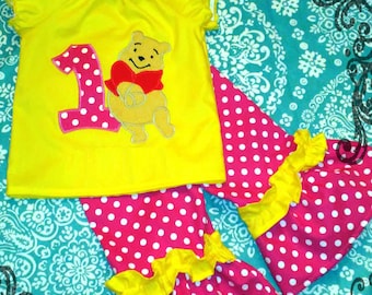 Pooh Bear Birthday Outfit Ruffled Pant Set WithOUT Name - Custom Boutique Hot PINK Dot & Yellow OUTFIT - 1st 2nd 3rd 4th 5th Winnie the Pooh
