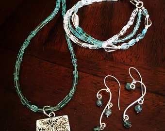 Blue apatite necklace, bracelet and earring set