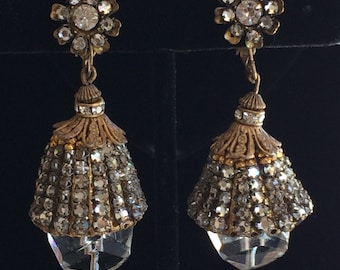 Rare Vintage Miriam Haskell Drop Earrings~Crystals/Rhinestone/Gilt Filigree~Signed