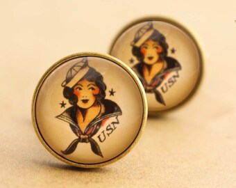 Sailor Jerry Cufflinks - Mens Nautical Rockabilly Sailor Girl Tattoo Cuff Links Vintage
