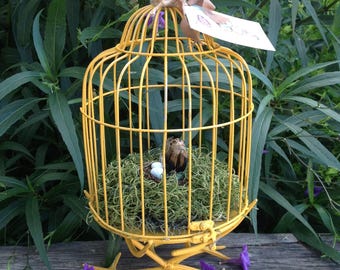Bird Cage on a Pedestal w/Bird Nest - Yellow Bird Cage - Cottage Chic Table Top Centerpiece - Bird Decor