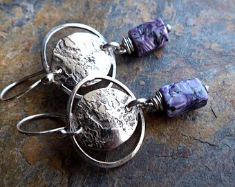 Textured Sterling Silver Discs in Silver Rings/Charoite Nuggets/Orbit Hoop Earrings . Rustic Boho Tribal Southwest Style Jewelry