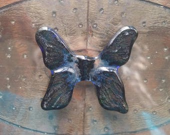 Cabochon 1-7/8" Butterfly Moth Handmade Textured Tile Black Green Blue Art Glass 2017 Original Design Butterflies and Moths Series