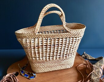 Vintage Boho Coiled Rattan Basket-Style Handbag / Purse / Tote - Large in Size and Well-Woven - Vintage Boho Accessories