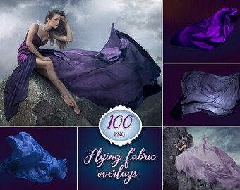 100 Flying fabric overlays, flying dress, flowing silk, photoshop overlay, photo, digital download, instant, clip art, transparent PNG file