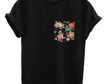 Red & Black Vintage Rose Floral Print Pocket T-shirt Top Tee Hipster Indie Swag Dope Hype Black White Mens Womens Cute Pocket Shirt