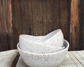 gift handmade ceramic nesting bowls serving in satin speckled grey