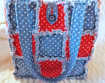 Red White and Blue Polka Dot Rag Quilt Tote - Handmade - Gift For Her - Rag Quilt Handbag