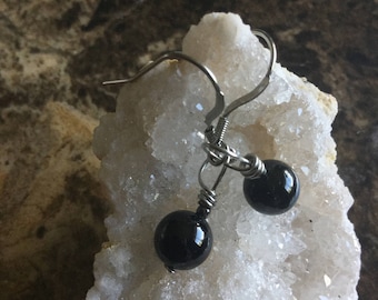 Black tourmaline earrings, stainless steel earrings , surgical steel earrings