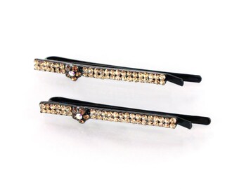 Hand Made Hair Jewelry swarovski crystal Flower Bobby Pins Set of Two Brown(MIBB33-am)