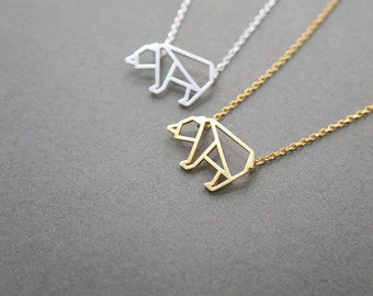 bear necklace, Animal Jewelry, Origami bear, geometric bear