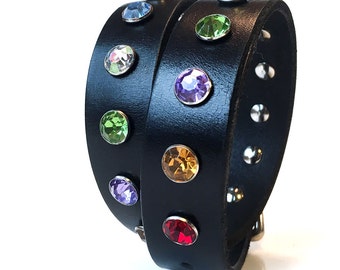 Black Leather Dog Collar with Big Jewel Tone Rhinestones, Size Large, to fit a 18-21in Neck, Large Dog, Eco-Friendly, Seattle Handmade, OOAK