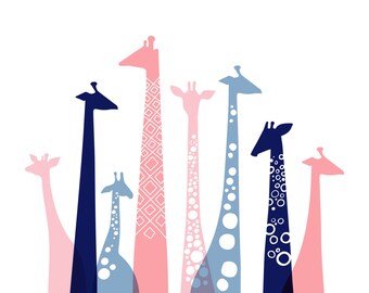 20X16" giraffe silhouettes landscape giclee print on fine art paper. pink, dusty blue, navy.