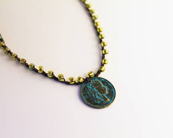 Ancient Coin Jewelry. Peridot Necklace. Greek Jewelry. Patina Jewelry. Roman Coin. Coin Choker. Peridot Bead Necklace. Gifts For Sister.