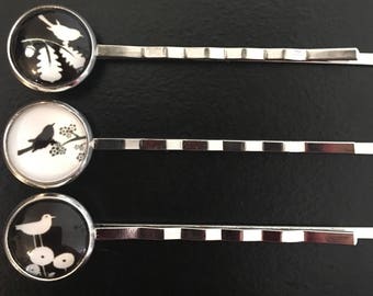 Birds Bobby Pin Set, Silver Pin Set, Hair Pin, Black and White Photo,