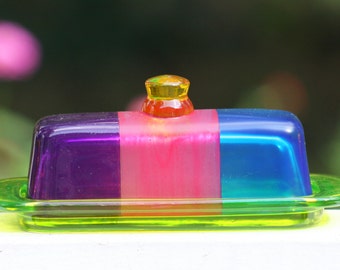 Colorful Glass Butter Dish for your Kitchen/Home Decor/Tabletop/Serving Dish/Fused Glass by Funktini/Home and Living/Holiday Gifts