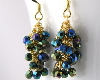 Dark Green Rainbow Cluster Dangle Earrings with Gold Surgical Steel Ear Wires