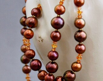 Akyra- Chocolate Pearl Strand Necklace, orange sapphire gemstone beads, iridescent pearl strand, jewelry for her, pearl fashion, gift idea