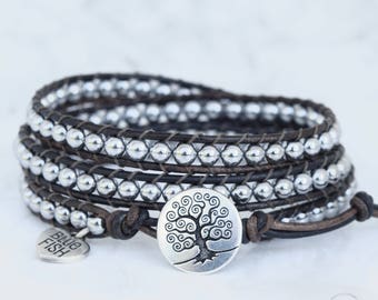 Silver Wrap Bracelet, Beaded Leather Wrap, Wrap Bracelet, Silver Beaded Wrap, Silver Tree of Life Button, Boho Wrap Bracelet