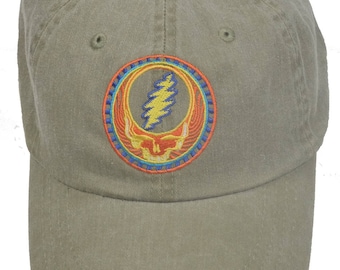 Grateful Dead Hat- Orange Sunshine Stealie Embroidered Baseball Cap / hat /Dead and Company /Steal Your Face / 13 point lightning bolt /