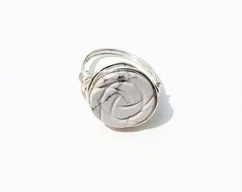 Silver Plated Howlite Ring ~ White Howlite Ring ~Wire Wrapped Ring ~