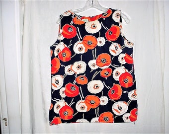 Vintage 60s Mod Flower Print Mini Tunic Top Dress M Navy Blue Orange
