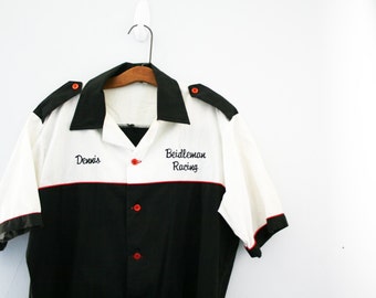 vintage 80s Race Car Driver Black & White Mens Shirt Halloween Costume M L
