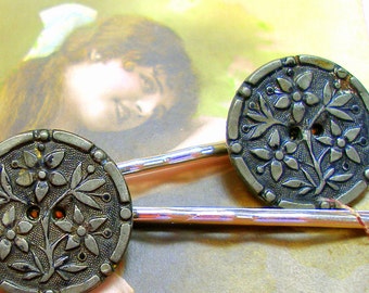 Antique BUTTON hair pins, 1800's Victorian FLOWERS on silver bobby pins, hair grips. Present, gift.