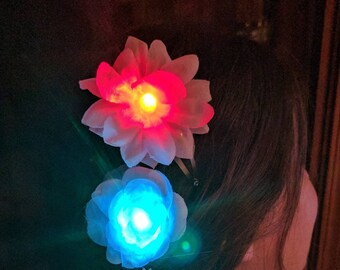 Red Blue Flashing Hair Clip Flower - 4th of July, Patriotic, parade, fireworks, carnival, festival, fairs, night camping, special event