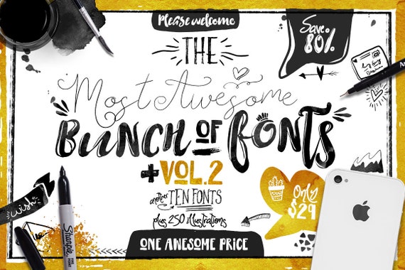80% OFF Sale, Big Bunch of Fonts Vol 2, hand drawn digital typeface bundle for typography, Brush, script, display