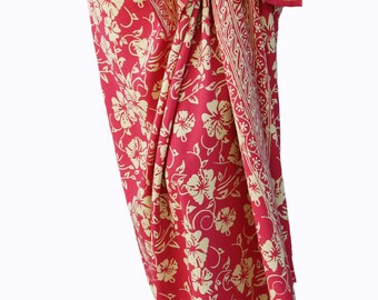 Hawaiian Beach Sarong Womens Clothing Swimsuit Coverup Hibiscus Flower Pareo Coral & Cream Batik Sarong Wrap Skirt Beach Wrap Skirt or Dress