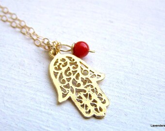 Hamsa Necklace , Gold Hamsa, Filigree Hand Charm , Red Coral , Gold Fill , Hamsa Jewelry , Eveil Eye