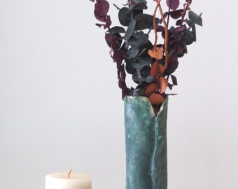 Earthy Green Ceramic Vase, Hand Built Clay Art Vessel, Rustic Contemporary Home Decor, Organic Pottery Accent Piece