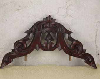 Small Carved Reddish Wood Pediment Overdoor Architectural 18.5"