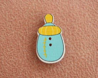 button wood yellow blue baby bottle